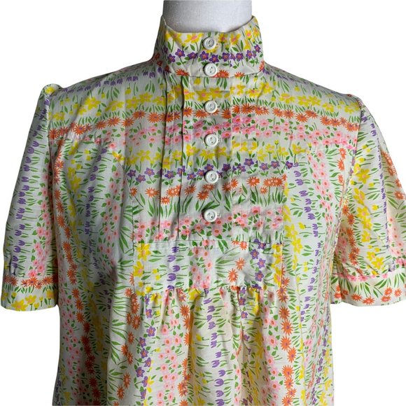 Vintage 70s Rainbow Floral Top S White Buttons Puff Sleeves High Neck - Picture 5 of 6